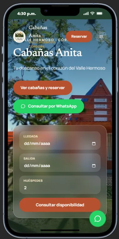 Captura de la web de Cabañas Anita en un celular
