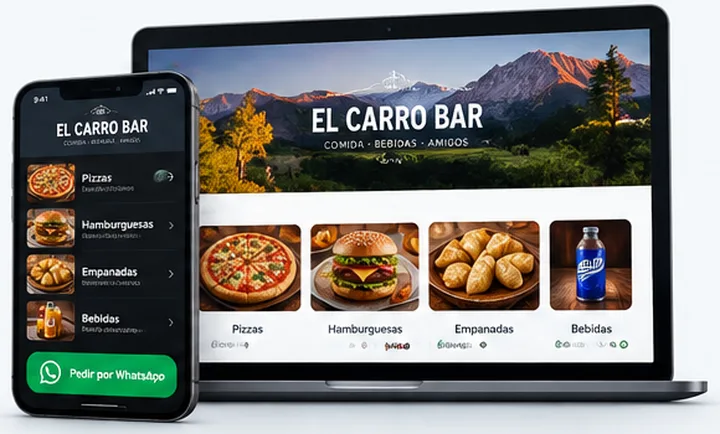 Ejemplo de app de pedidos de un bar, en celular y notebook
