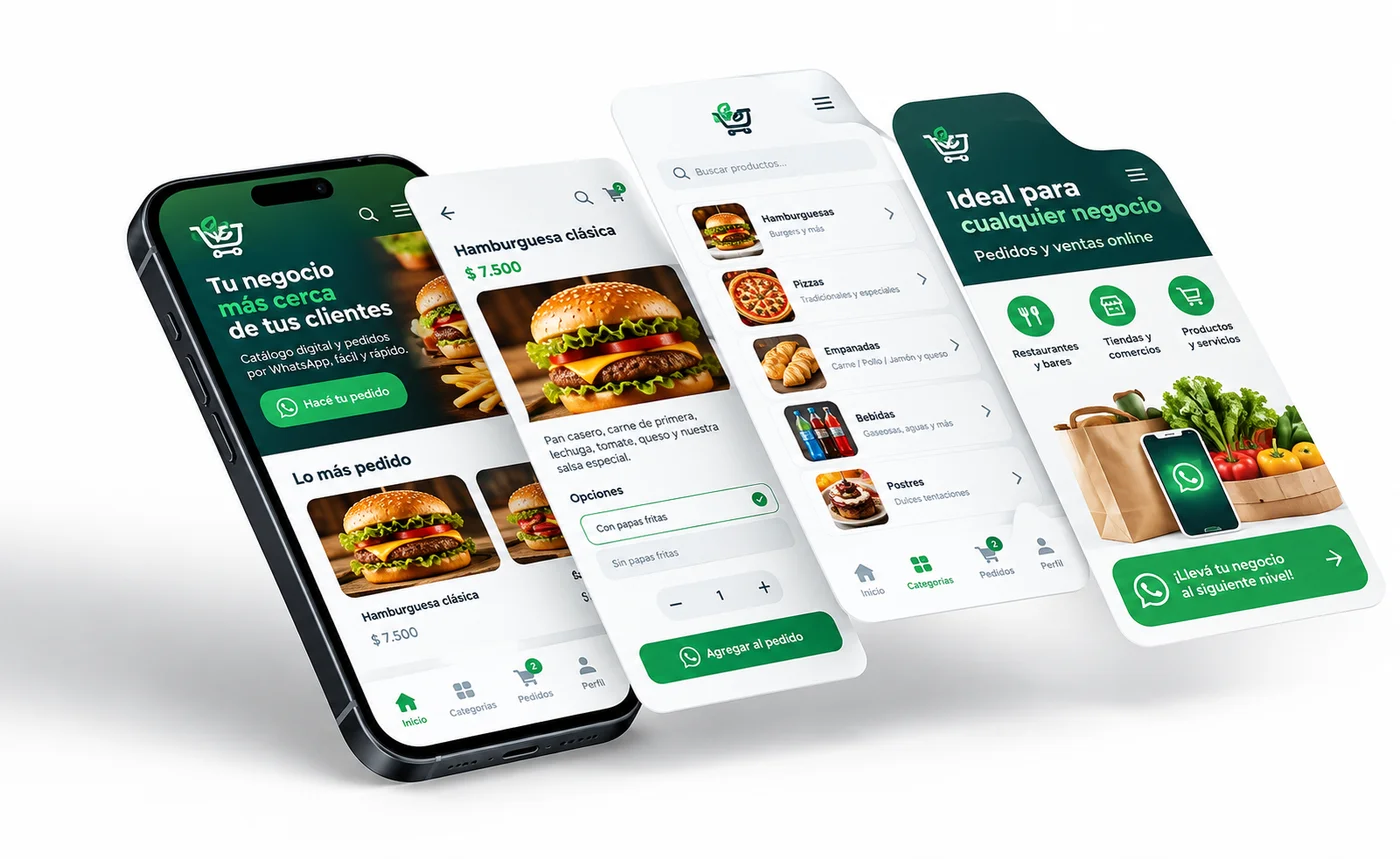 Cuatro pantallas de una app de pedidos: portada con botón de WhatsApp, detalle de producto, categorías y página para todo tipo de negocio