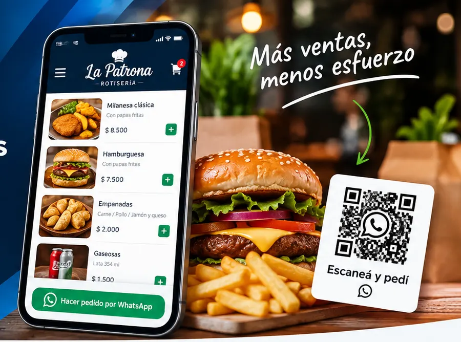 App de pedidos de una rotisería en un celular, con menú, precios y un código QR para pedir por WhatsApp
