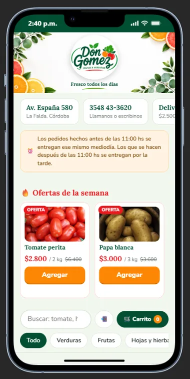 Captura de la web de Verdulería Don Gomez en un celular